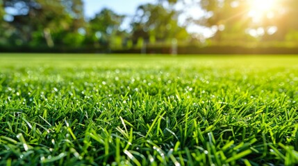Vibrant green synthetic grass on soccer field with shadow, artificial turf on football ground