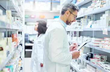 Pharmacist, drugs and man with checklist in pharmacy for dispensary, information and inspection. Medicine, documents and mature person with record on clipboard for healthcare, supply and inventory