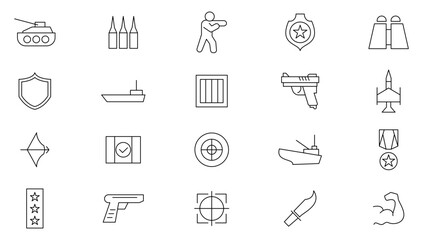Defense line icon set. Military, army, war, battle, conflict, military, missile, refugees, bomb and tank outline icon collection. UI thin outline icons