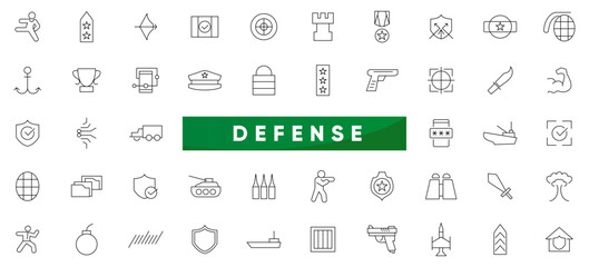 Defense line icon set. Military, army, war, battle, conflict, military, missile, refugees, bomb and tank outline icon collection. UI thin outline icons