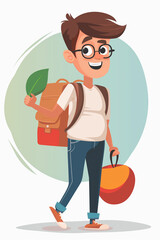 isolated cartoon character with a school backpack on his shoulders