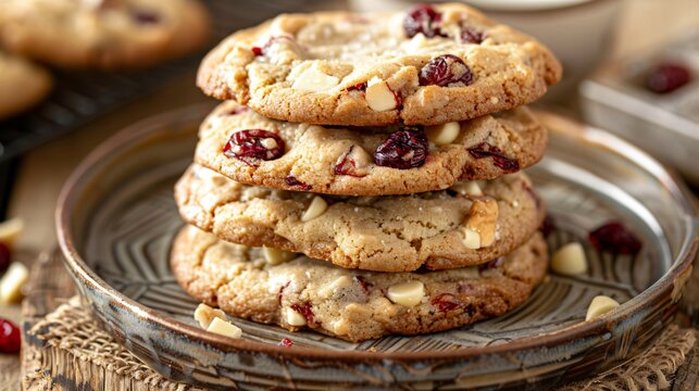 A stack of chewy cranberry and white chocolate cookies on a rustic ceramic plate