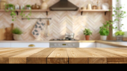 Certainly, here are 25 keywords for selling images of a detailed photo showing  
Wooden table on blurred kitchen bench background. Empty wooden table and blurred kitchen background separated keywords 