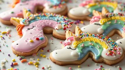 A whimsical display of unicorn-shaped cookies, each decorated with vibrant icing and sprinkles