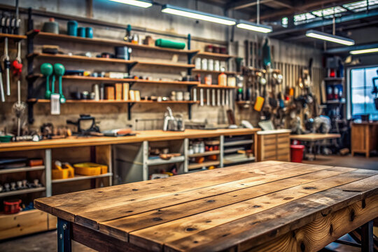A vacant rustic wooden counter table stands out against a blurred backdrop of shelves stocked with automotive parts and tools in a busy workshop.