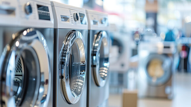 Row of modern washing machines in an appliance store with a bright, blurred background. Concept of home appliances and technology.