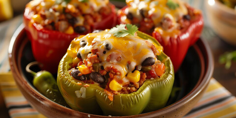 Vibrant dish of stuffed bell peppers with ground turkey, black beans, corn, and melted cheese