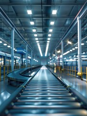 Industrial setting with conveyor belt and bright lights
