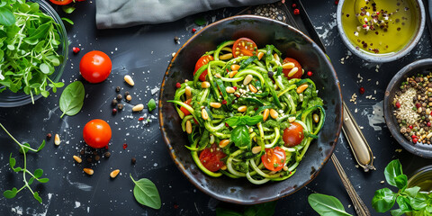 Overhead shot of raw pesto zucchini noodle bowl with cherry tomatoes, pine nuts, and nutritional yeast