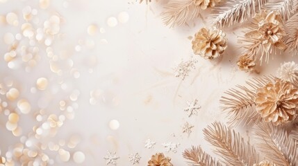 Golden glittery flowers and sprigs on a white background. Festive and elegant decoration concept.
