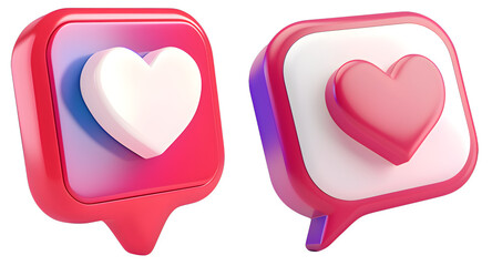 Set of 3D glossy message icons with pink heart on transparent background, images for social networks and websites