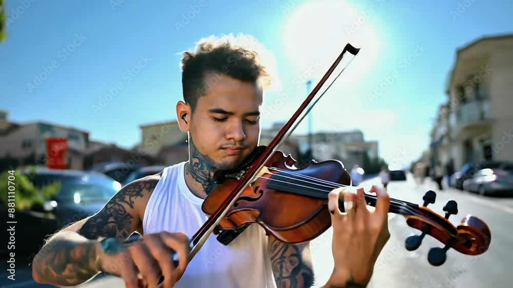 Poster young man playing violin on a city street