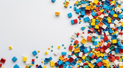 White background, white space in the center of picture. A pile of colorful Lego blocks scattered all over the place. The lego bricks of different shapes and sizes to show diversity.