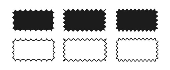 Set of rectangular frames with wavy edges. Rectangular linear shapes with zigzag borders. Collection of black elements for design, banner, poster, badge, label, tag, flyer. Vector illustration.