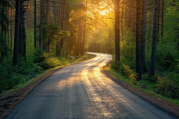 Fototapeta premium The sunlight is filtering through the branches of trees along a dusty road