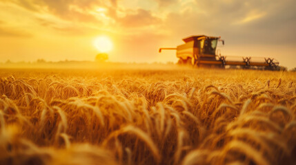 Fototapeta premium Farmers harvesting barley in a field, highly professional photo picture featuring dynamic composition and vibrant colors, harvesting, with copy space