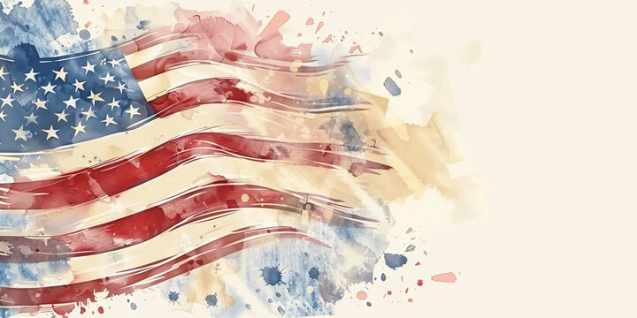 American flag in watercolor style with copy space on the left