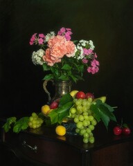 Still life with bouquet of flowers and fruits