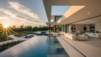 Fototapeta premium Luxury home with modern pool at sunrise, contemporary 