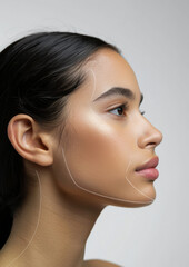 Naklejka premium Profile of a young woman with flawless skin and white contour lines on a gray background