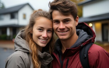 A young couple is smiling for the camera. The girl is wearing a grey jacket and the boy is wearing a red jacket