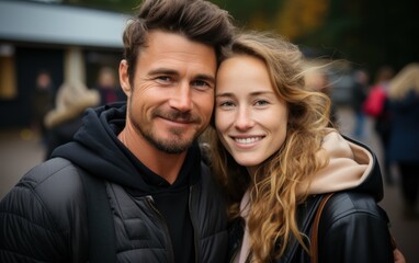 Naklejka premium A man and a woman are smiling at the camera. The man is wearing a black jacket and the woman is wearing a brown jacket. They are both holding handbags