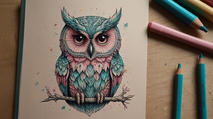 This captivating rough colour pencil sketch of an owl logo features soft pink and turquoise hues that blend harmoniously with visible pencil marks and subtle paper texture