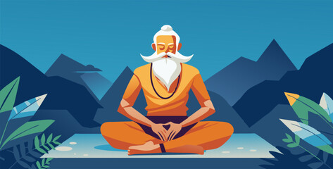 Elderly guru with a long white beard is sitting in lotus pose, meditating against a backdrop of mountains and a blue sky