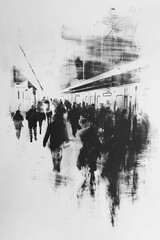 A black and white sketch of a bustling train station