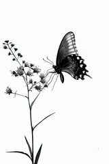 Obraz premium A black and white sketch of a butterfly landing on a flower