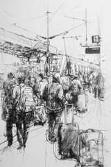 A black and white sketch of a bustling train station