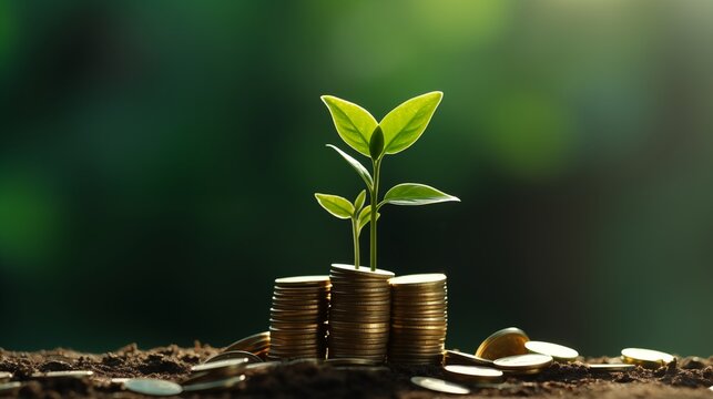 coins with money growing plant concept finance and banking. concept interest rates and dividends ,investment growth percentage and interest on deposits.
