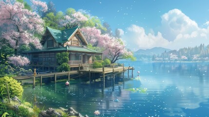 Fototapeta premium Lakeside house, anime style