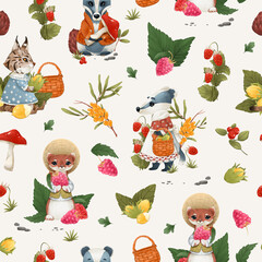 Fototapeta premium Seamless Cute Forest Animals and Plants Pattern. Sweet Animal cartoon character background for kids wallpaper, textile, fabric, wrapping paper, cover, card, poster