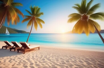 Naklejka premium Chairs And Umbrella In Palm Beach - Tropical Holiday Banner