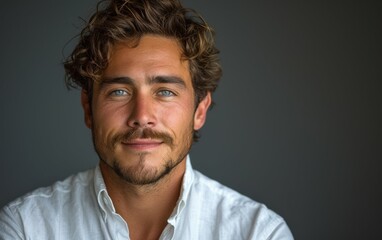 Fototapeta premium A man with a beard and blue eyes is smiling for the camera. He is wearing a white shirt and looking directly at the camera