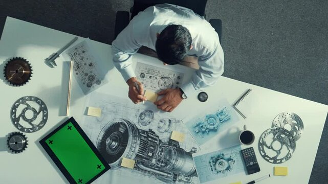 Top down view of skilled engineer writing and planning turbine engine design while sitting at meeting table with gear and electronic generator scatter around. Technician taking a note. Alimentation.