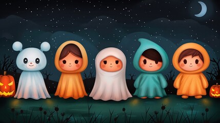 Obraz premium Cute Kids in Halloween Costumes Under the Moonlight
