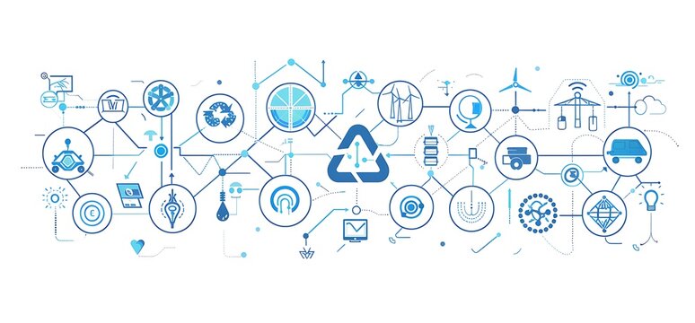 Illustration of interconnected blue icons representing various clean energy sources, recycling, technology, and innovation.