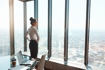 City view, thinking and woman in office, window and decision with corporate success. Person, pride and accountant with positive mindset, ambition or company development with solution or confidence