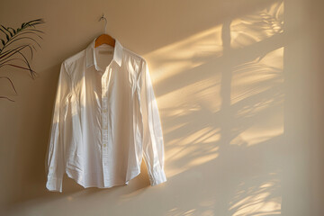 A white casual shirt hangs on a hanger on a beige wall with a shadow.