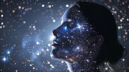 A woman's face, covered in stars, gazes upward at a twinkling night sky.