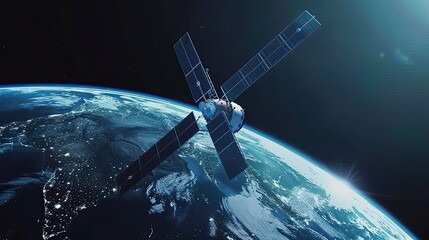 A spaceship or satellite on the background of planet Earth. Modern aerospace technology for exploration, communication and observation. Illustration for banner, poster, cover, brochure or presentation