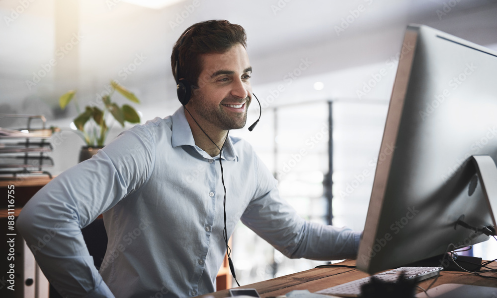 Poster call center, customer support and business man on computer for talking, online help and consulting. 