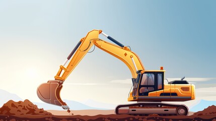 Excavator in construction site, heavy machinery moving earth, building process, flat design illustration, realistic photo, cinematography, hyper realistic