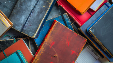 Top View Composition: The scene is captured from above, providing a clear view of several school notebooks arranged side by side. This angle allows for easy comparison of different designs and colors.