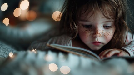 A young child with freckles is deeply engrossed in reading a book, surrounded by soft bokeh lights, creating a dreamy and magical ambiance.