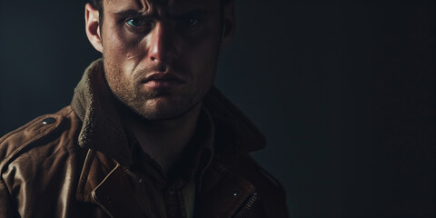 Obraz premium A man in a brown leather jacket looks worried