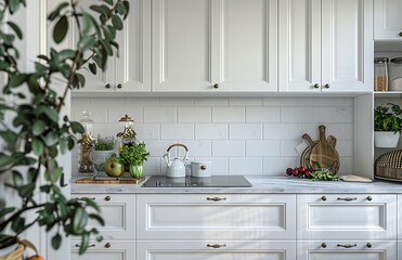 Fototapeta premium Elegant white kitchen with classic cabinets and green plants creating a fresh atmosphere