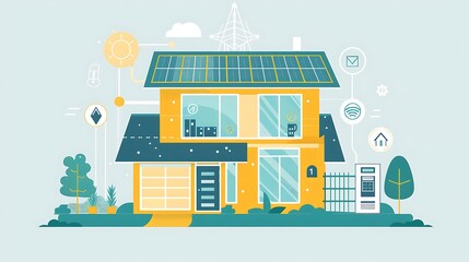 Smart home of the future with solar panels, energy efficiency, and wireless connectivity